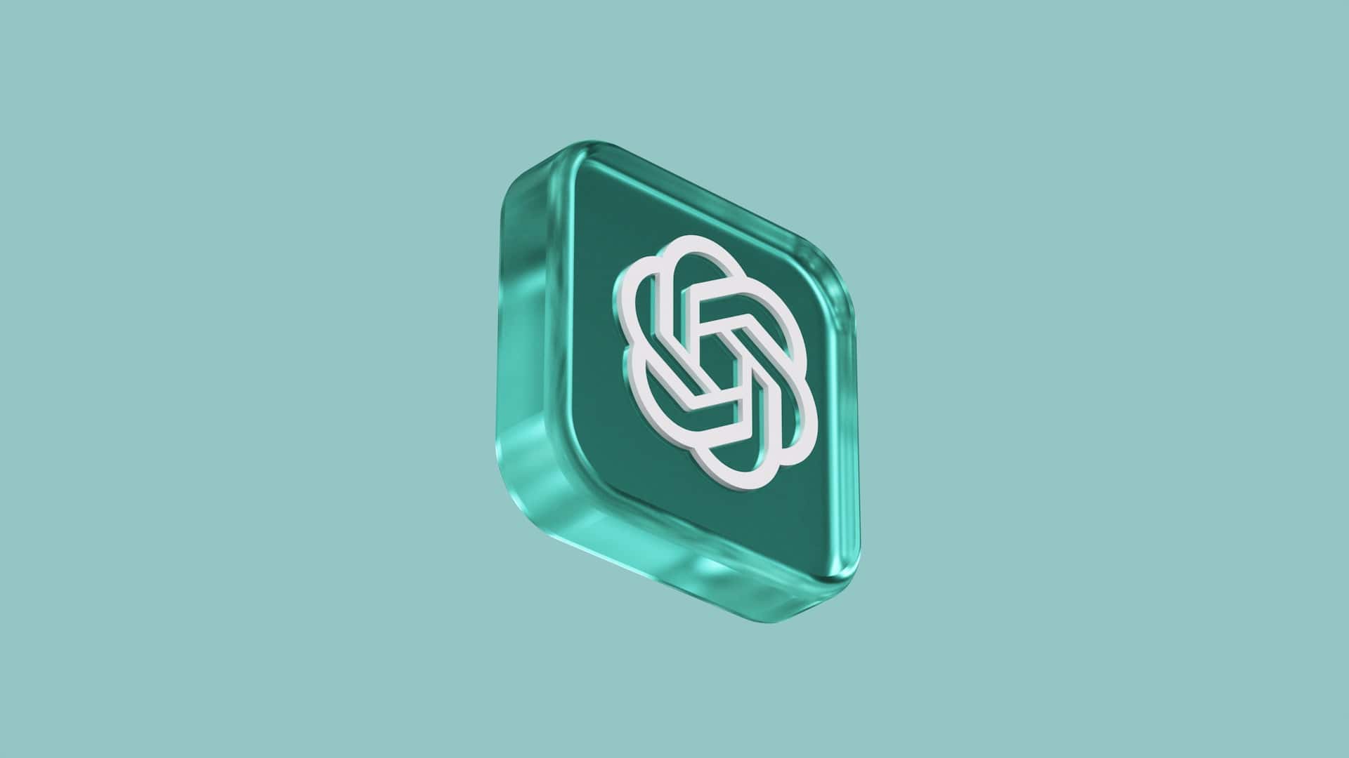 Icône 3D d'une intelligence artificielle représentée par un nœud infini blanc sur un fond carré vert émeraude avec des reflets brillants, le tout sur un arrière-plan turquoise uni