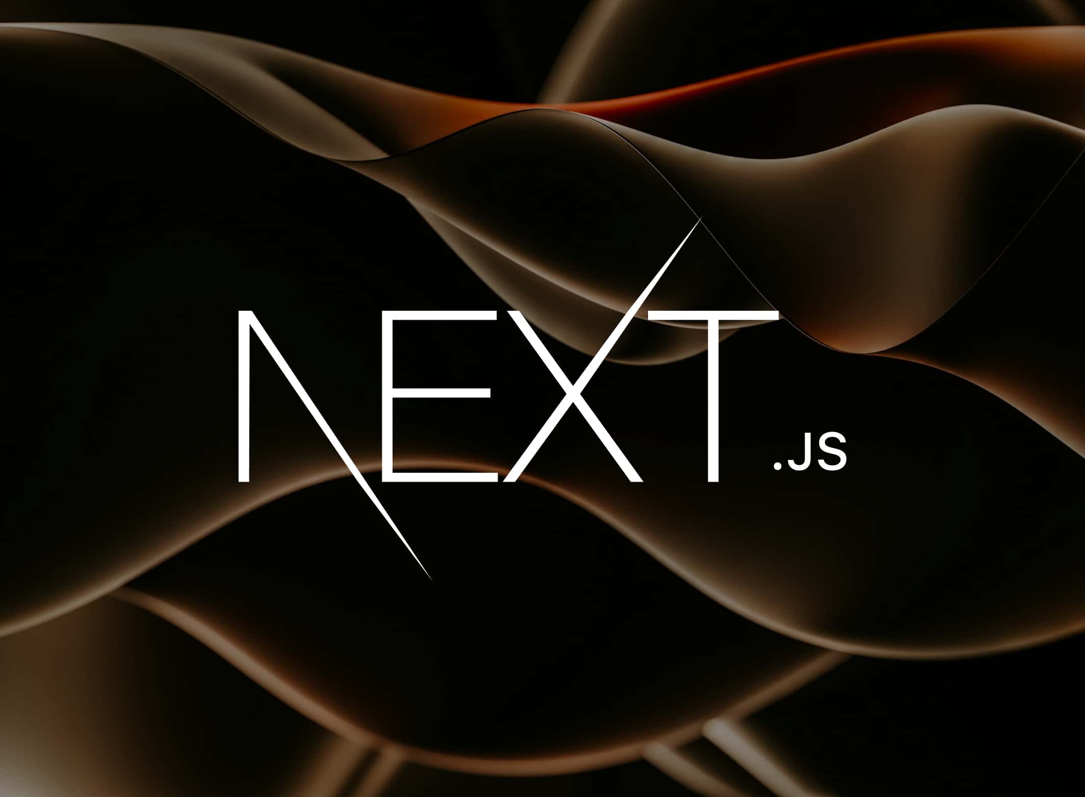 Logo Next.js en blanc sur un fond noir avec des vagues abstraites dorées et cuivrées créant un effet de mouvement élégant et moderne