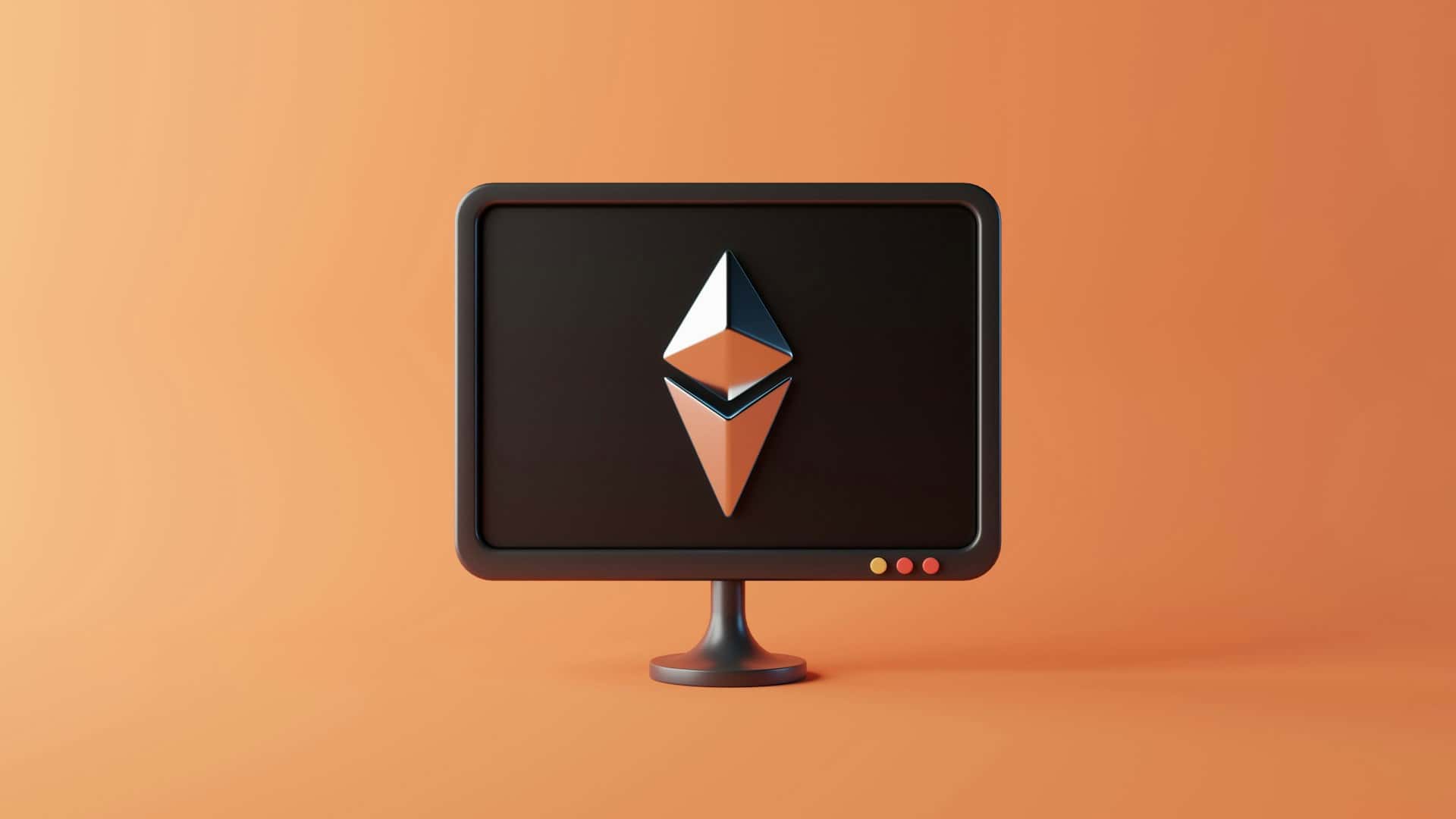 Illustration 3D d'un écran d'ordinateur rétro affichant le logo Ethereum en blanc et cuivre sur fond noir, avec un arrière-plan dégradé orange chaud