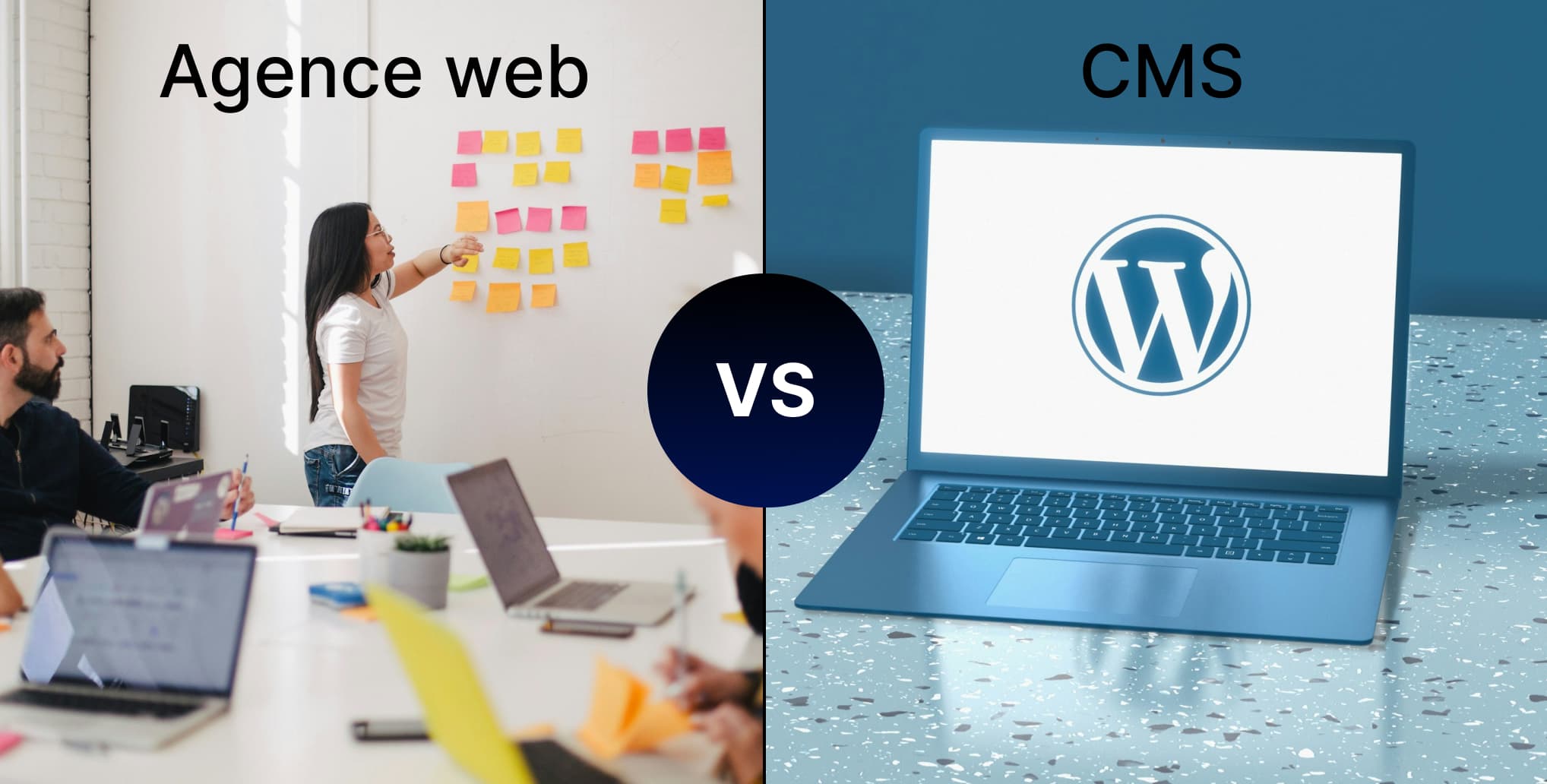 Illustration comparative montrant une balance entre une agence web professionnelle et un CMS, avec des icônes représentant différents aspects du développement web