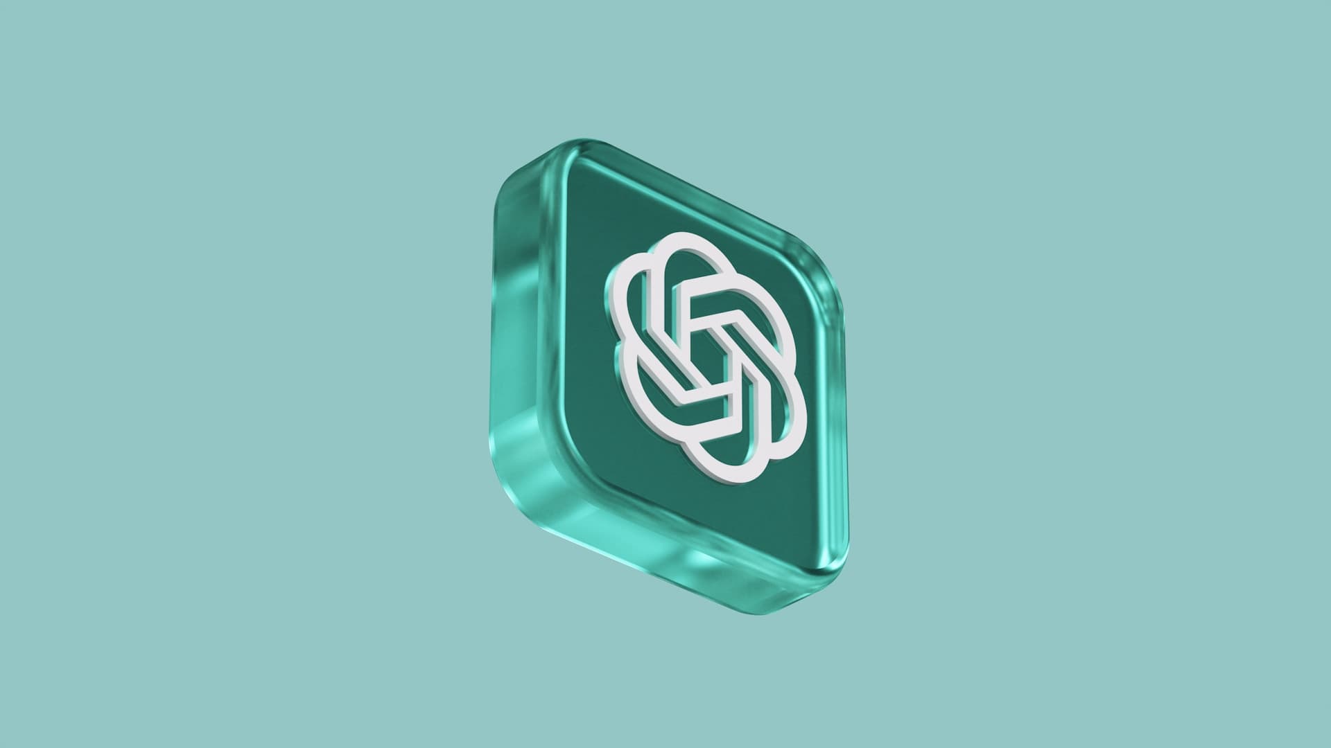 Icône 3D d'une intelligence artificielle représentée par un nœud infini blanc sur un fond carré vert émeraude avec des reflets brillants, le tout sur un arrière-plan turquoise uni
