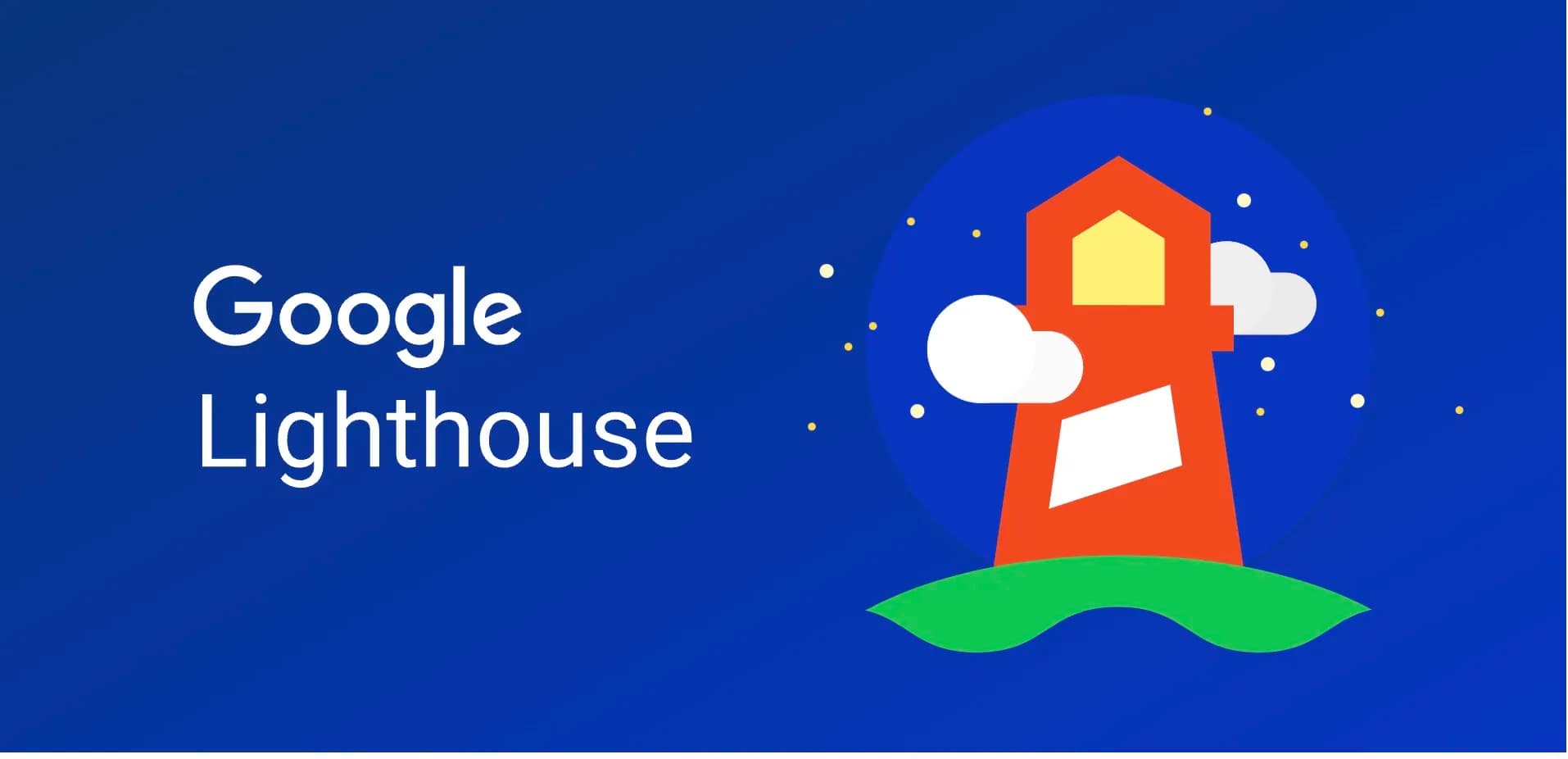 Logo Google Lighthouse, représentant un phare rouge avec une fenêtre jaune, des nuages blancs et des étoiles jaunes sur un fond bleu.