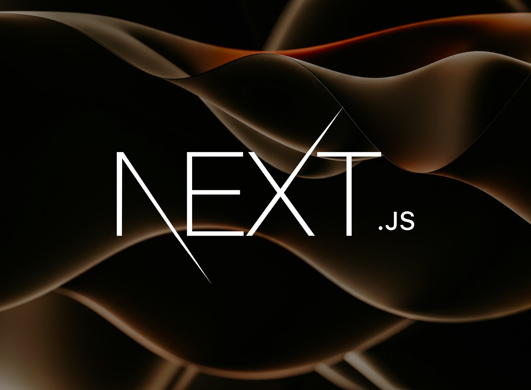 Logo Next.js en blanc sur un fond noir avec des vagues abstraites dorées et cuivrées créant un effet de mouvement élégant et moderne