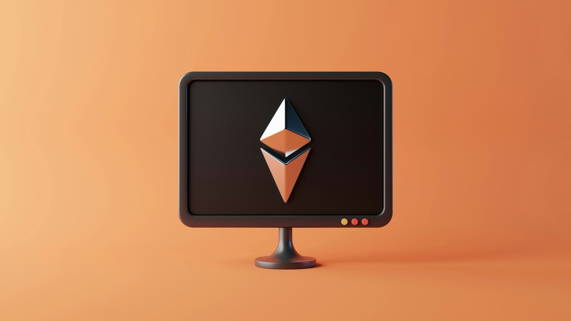 Illustration 3D d'un écran d'ordinateur rétro affichant le logo Ethereum en blanc et cuivre sur fond noir, avec un arrière-plan dégradé orange chaud