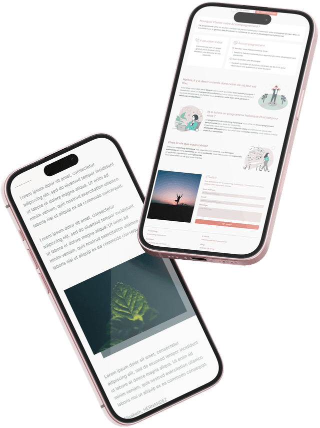 Maquette de site web responsive sur deux iPhone 15 en vue perspective